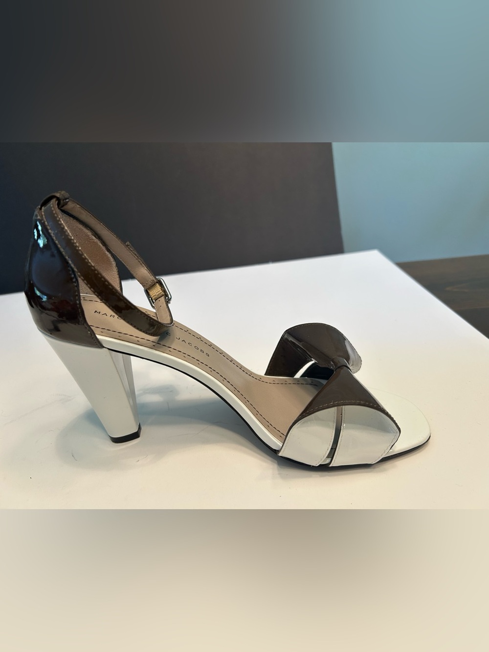 Marc Jacob’s Open-Toe Two-Tone Patent Leather Heel Sandal - White & Brown